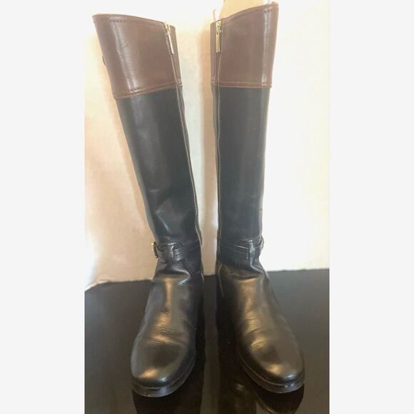 Michael Kors Fulton Harness Black Mocha Brown Leather Riding Boots Size 7 - Picture 2 of 13